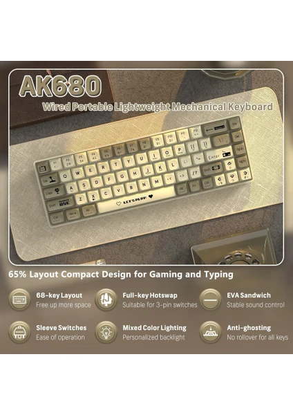 AK680 %60 Boy Yazılım Uygulamalı Hot-Swap Kablolu Gaming Klavye Switch Hediyeli Oyuncu Klavyesi