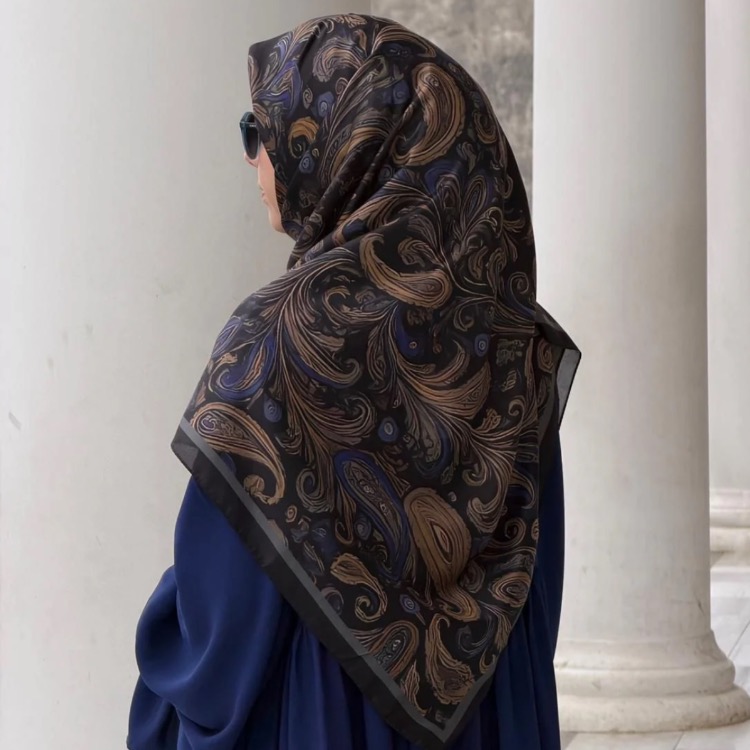 Soft Pamuk Açelya Desen Eşarp Morcivert Siyah 