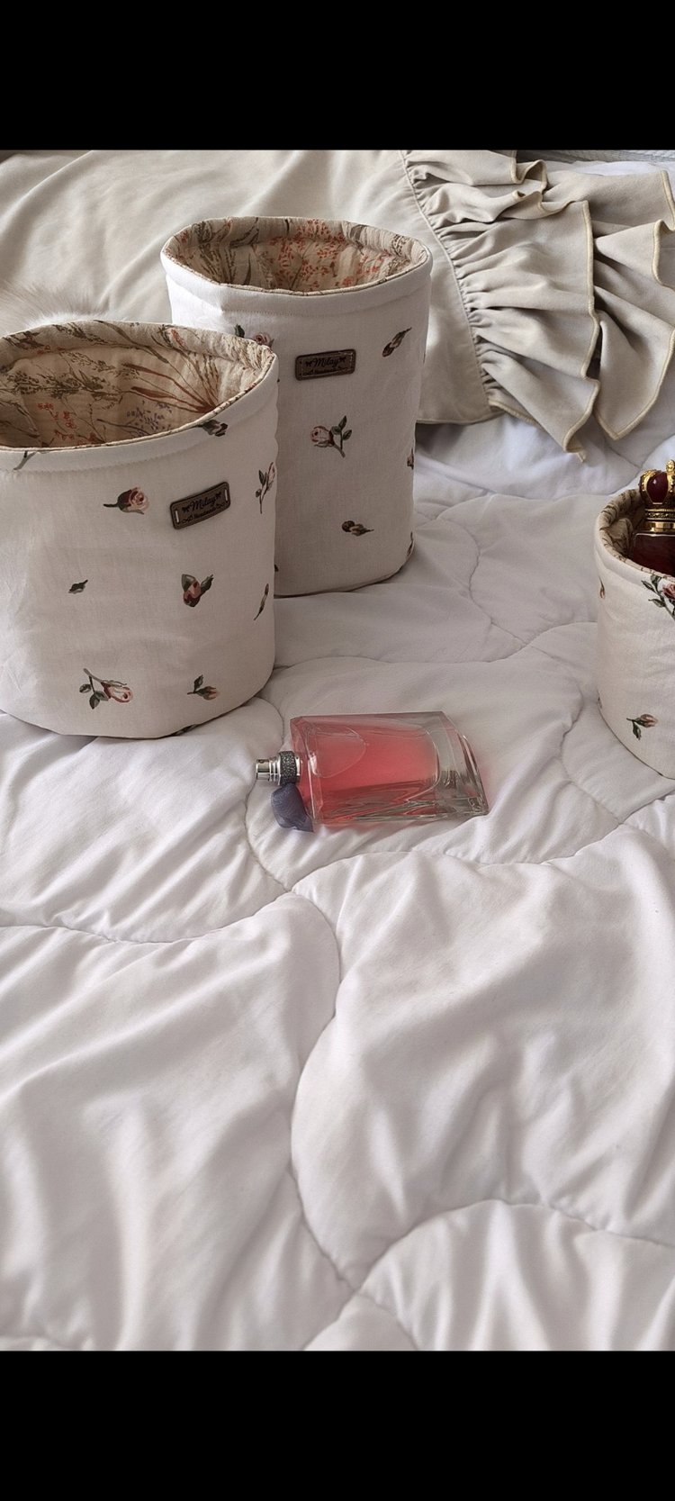 Romantik Gül Desenli Çok Amaçlı Kumaş Düzenleyici Sepet Seti (Makyaj & Kozmetik Organizer)