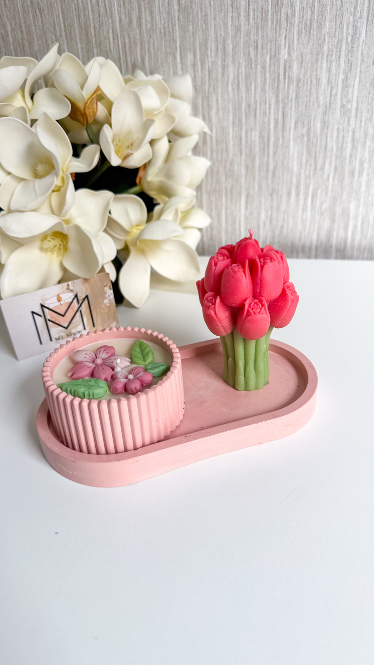 Pembe Lale ve çiçek mum seti