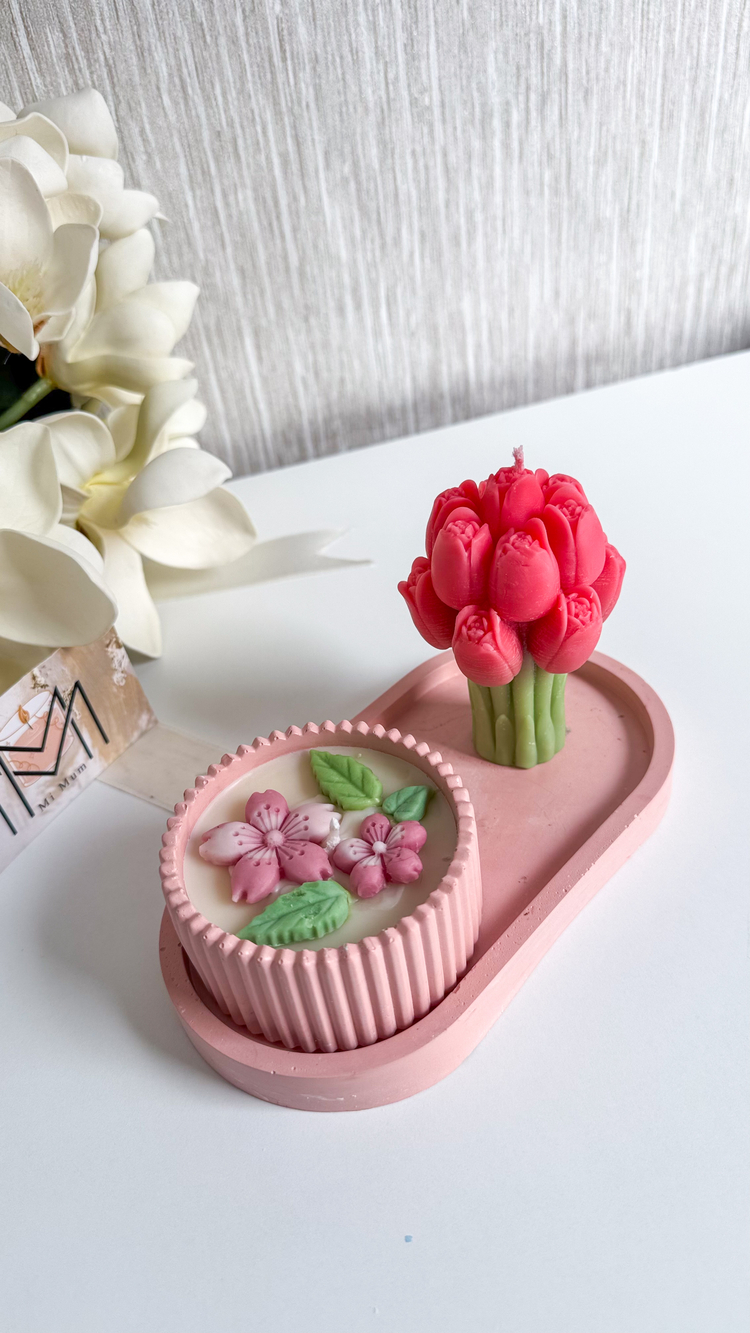 Pembe Lale ve çiçek mum seti