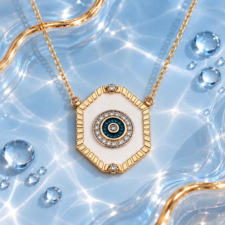 Kolye 14K Gold 45+5 cm – Nazar Gözü, Beyaz Mine, Taş Çerçeve, Kararmaz