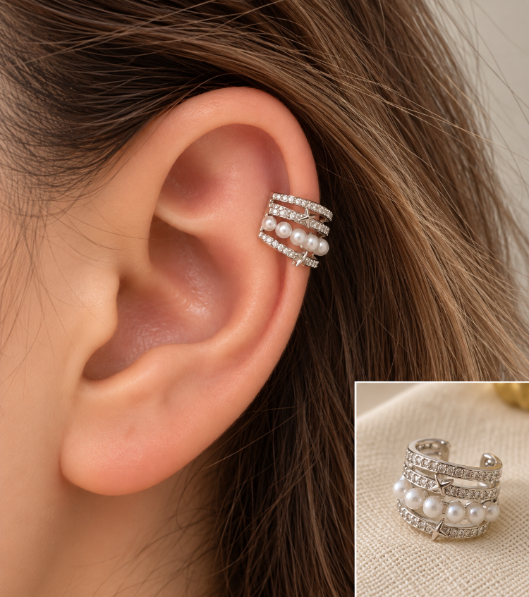 Silver Taşlı İncili Kaburga Kıkırdak Küpe – Yıldız Detaylı Ear Cuff, Kararmaz