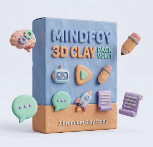 Mindfoy 3D Clay Pack Vol. 1 - Premium Kil İkon Seti (7 Adet PNG)