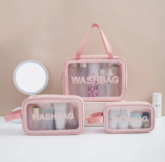 Seyahat makyaj çantası washbag taşınabilir su geçirmez 3'lü çanta seti pembe