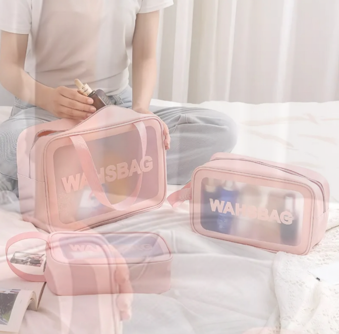 Seyahat makyaj çantası washbag taşınabilir su geçirmez 3'lü çanta seti pembe