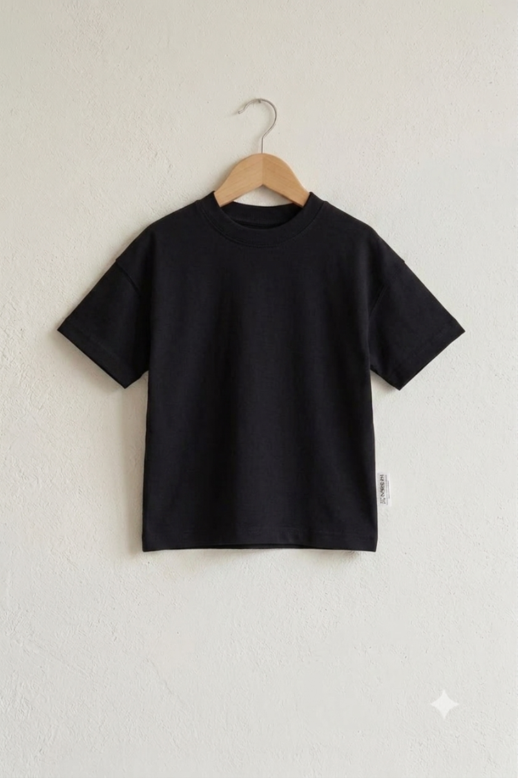 Çocuk Oversize Siyah Basic Tişört – %100 Pamuk Unisex
