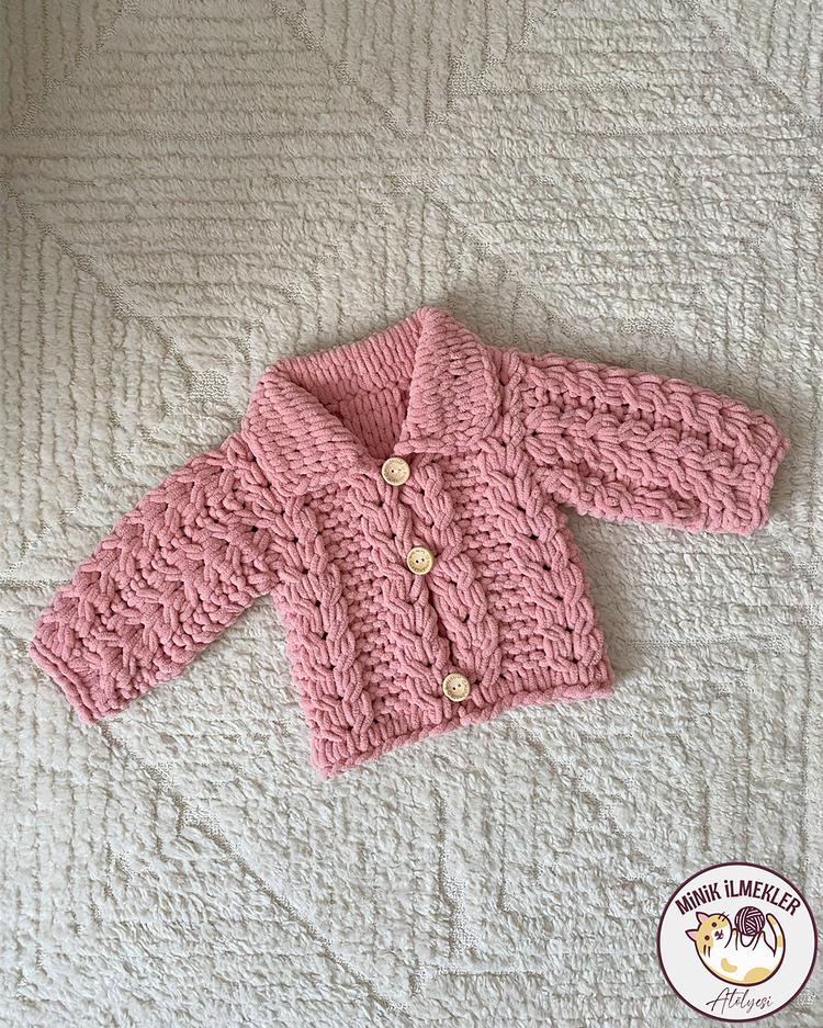 Bebek Hırka – Pudra Pembe, 1 Yaş – Alize Puffy, El Örgüsü