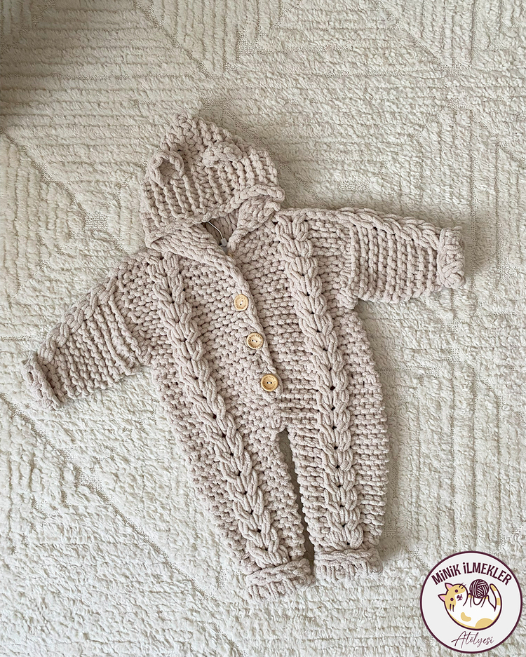 Kapüşonlu Bebek Tulum – Fil Dişi, 1 Yaş – Alize Puffy, El Örgüsü