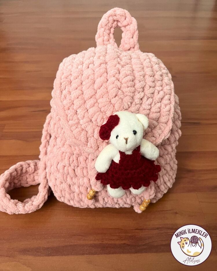Çocuk Çanta – Pembe , 30x27 cm – Alize Puffy, El Örgüsü