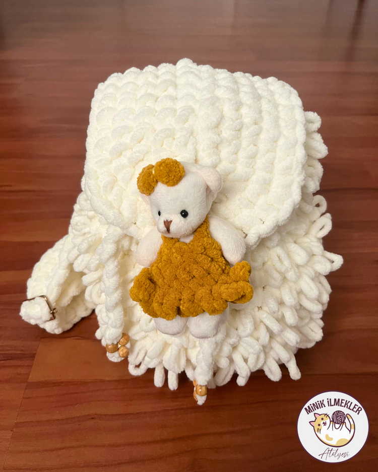 Çocuk Çanta – Beyaz , 30x27 cm – Alize Puffy, El Örgüsü