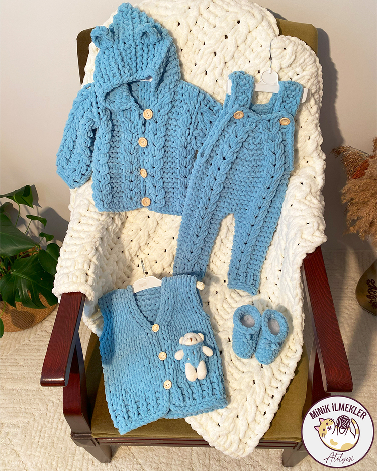 Bebek Set (Yelek, Hırka, Tulum, Battaniye, Patik) – Azur Mavi, – Alize Puffy, El Örgüsü