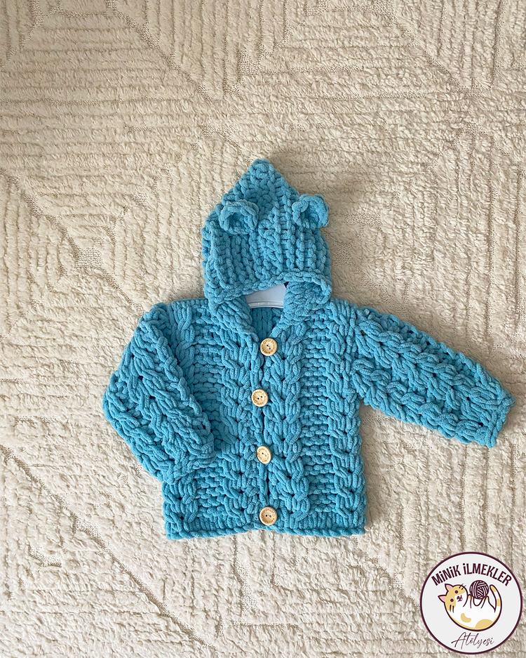 Bebek Kapüşonlu Hırka – Krem, 1 Yaş – Alize Puffy, El Örgüsü