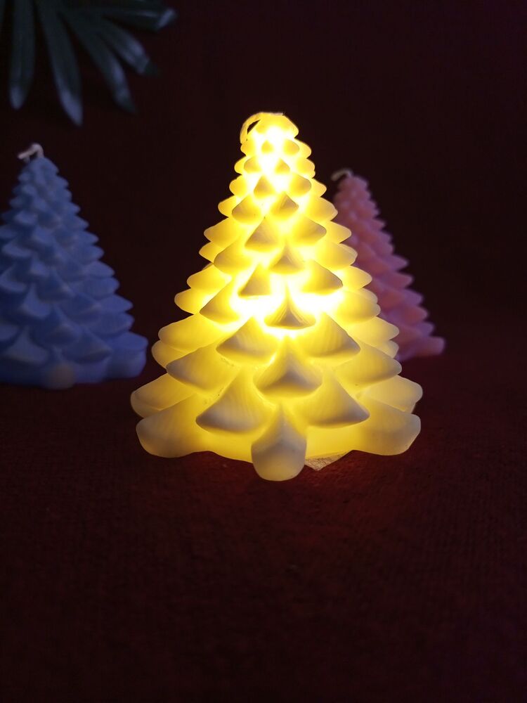 Çam Ağacı Desenli Mum Led 3'lü Set Mavi Pembe Krem 