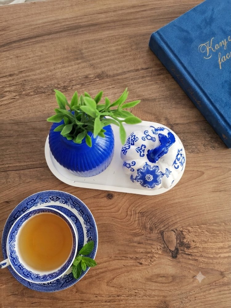  – Mavi Vazo, Oval Tepsi & Çini Motifli balkabak biblo - Balkabağı Set