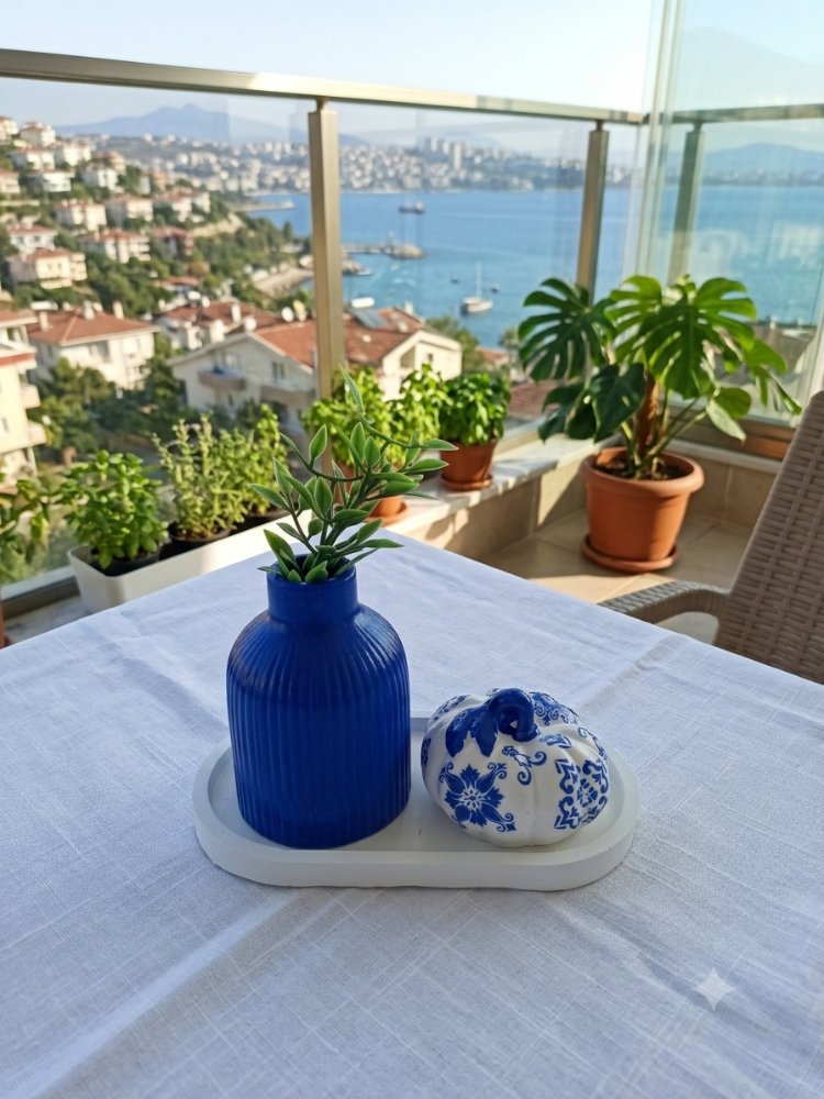  – Mavi Vazo, Oval Tepsi & Çini Motifli balkabak biblo - Balkabağı Set