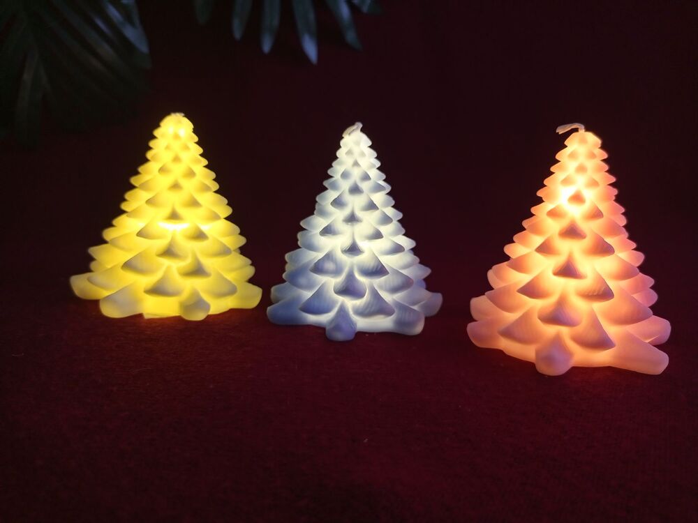 Çam Ağacı Desenli Mum Led 3'lü Set Mavi Pembe Krem 