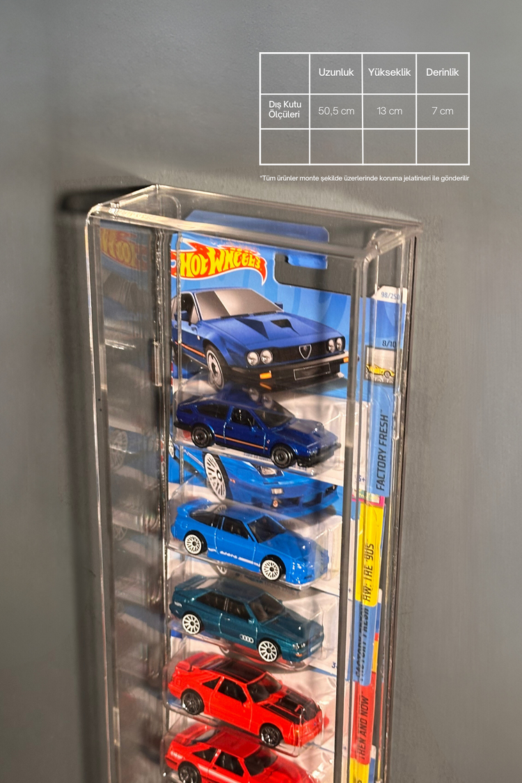 10’lu Kapaklı Pleksi Hot Wheels Diecast Araba Kartonetleri İle Dikey Araç Sergileme Rafı