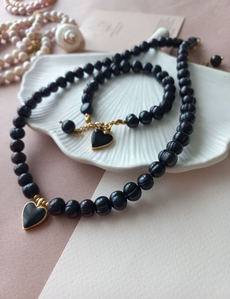 ' SİYAH İNCİ KALP SET '