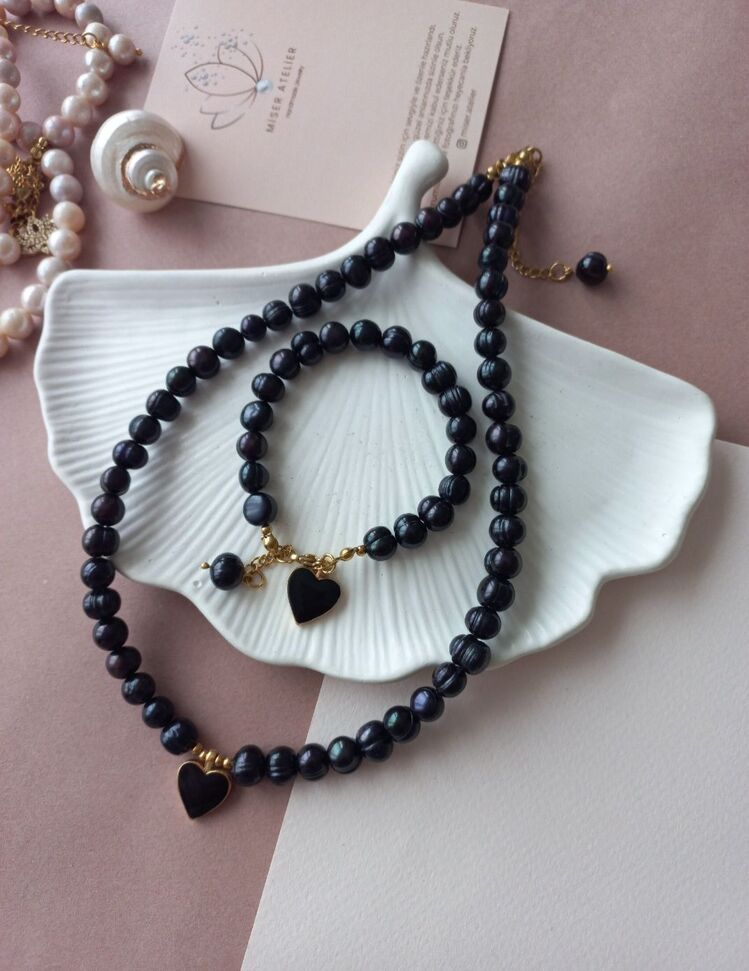 ' SİYAH İNCİ KALP SET '
