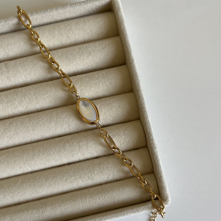Oval Ay Taşlı Vintage Bileklik | Çelik