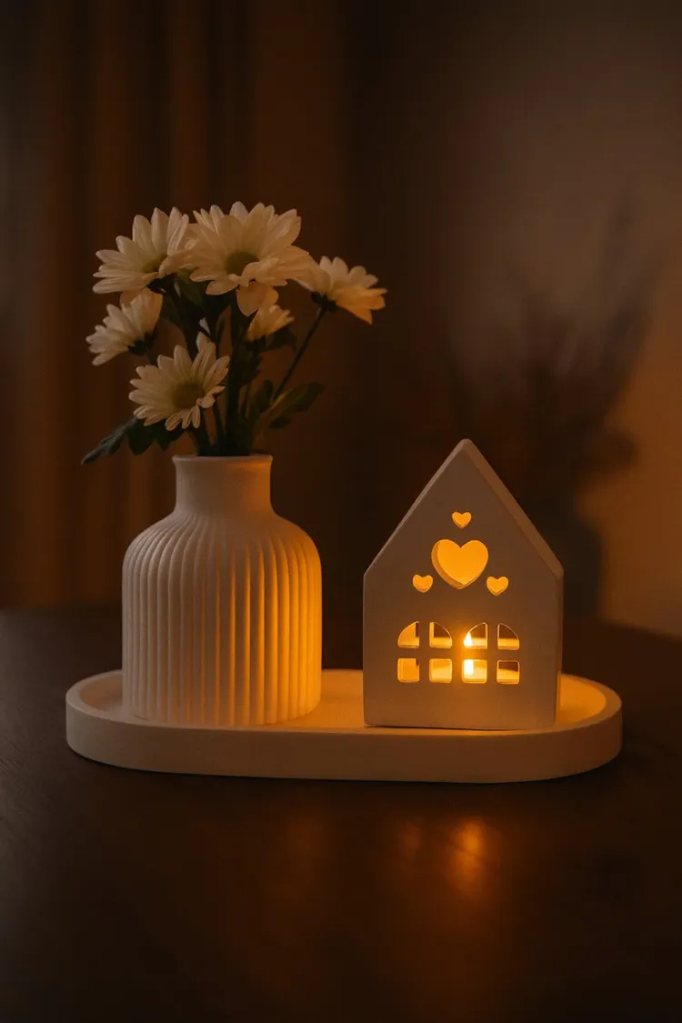Dekoratif Tepsili 3'lü Mumluk ve Vazo Seti (Pilli Led Tea Light Dahildir)