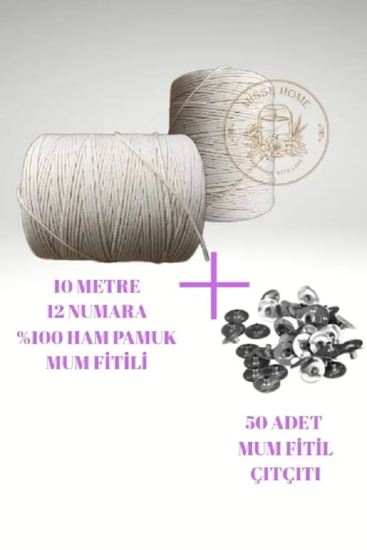 Mum Fitili 10 Metre %100 Saf Pamuk İpi + 50 Adet Fitil Sehpası Çıtçıt Kopça