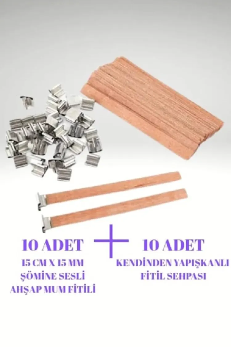 10 Adet Şömine Sesli Bambu Ahşap Mum Fitili Metal Sehpalı 15x1,5 cm
