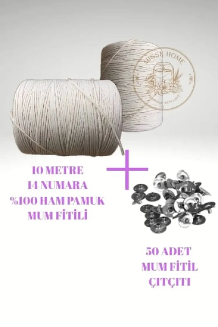 Mum Fitili 10 Metre %100 Saf Pamuk İpi + 50 Adet Fitil Sehpası Çıtçıt Kopça