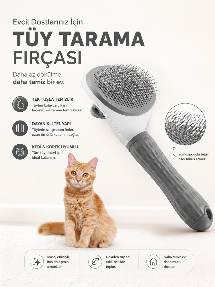 Kedi Köpek Tüy Toplama Tarağı | Otomatik Temizlenen Pet Fırçası