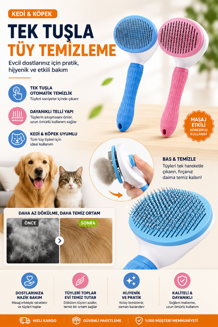 Kedi Köpek Tüy Toplama Tarağı | Otomatik Temizlenen Pet Fırçası