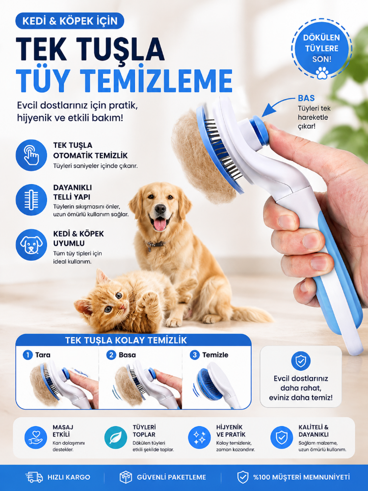 Kedi Köpek Tüy Toplama Tarağı | Otomatik Temizlenen Pet Fırçası
