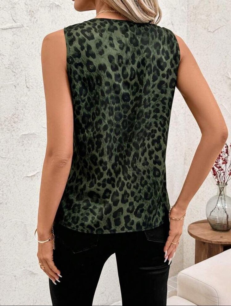 Kadın Leopar, Fiyonk, Çiçek Baskılı Kolsuz Bluz - V Yaka Süprem Kumaş - Yazlık Üst