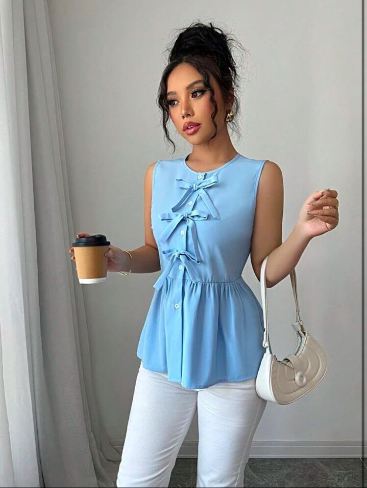 Kadın Mavi Fırfırlı Fiyonklu Kolsuz Terikoton Gömlek – Yazlık Şık Model
