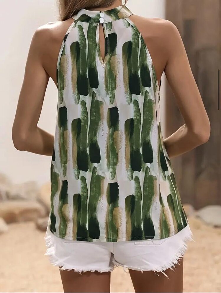 Halter Yaka Kolsuz Mikro Kumaş Şal ve Fırça Desenli Haki Yeşili Bluz