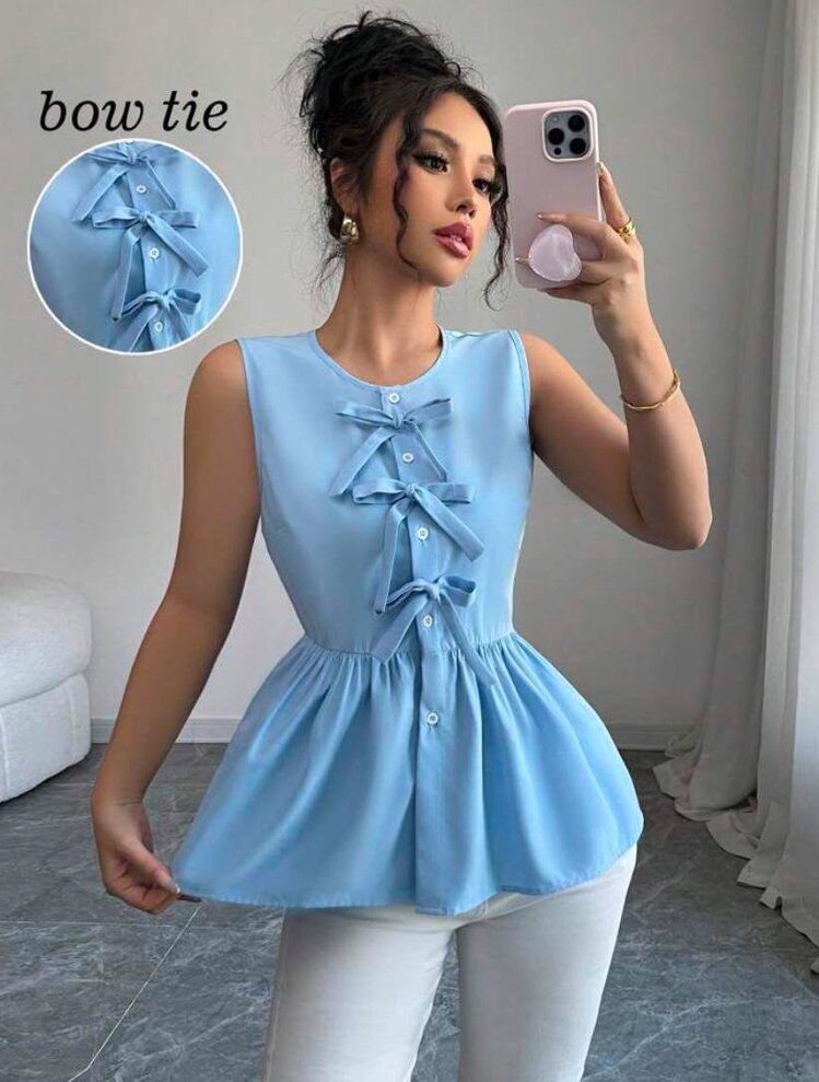 Kadın Mavi Fırfırlı Fiyonklu Kolsuz Terikoton Gömlek – Yazlık Şık Model