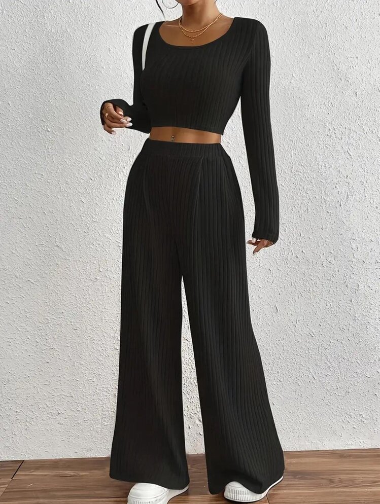Uzun Kollu Crop Bluz ve Geniş Paça Pantolon İkili Kadın Takım - Kaşkorse Kumaş