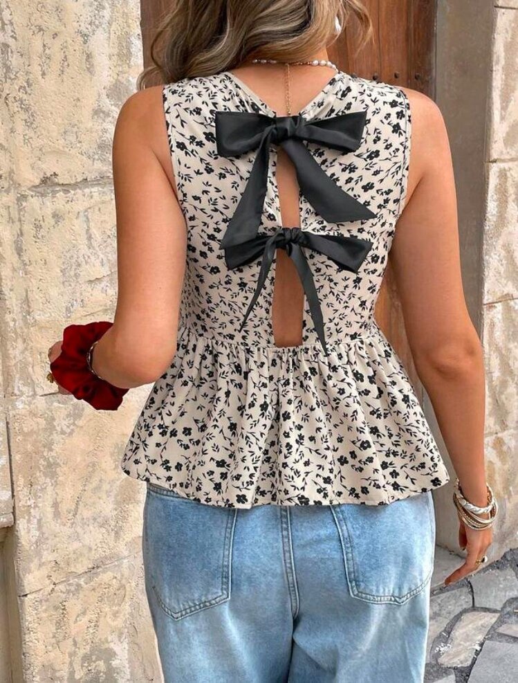 Fırfırlı Kolsuz Bluz – Sırtı Fiyonk Bağlamalı, Yazlık Süprem Kumaş Üst