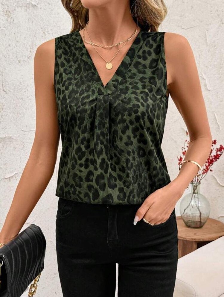 Kadın Leopar, Fiyonk, Çiçek Baskılı Kolsuz Bluz - V Yaka Süprem Kumaş - Yazlık Üst