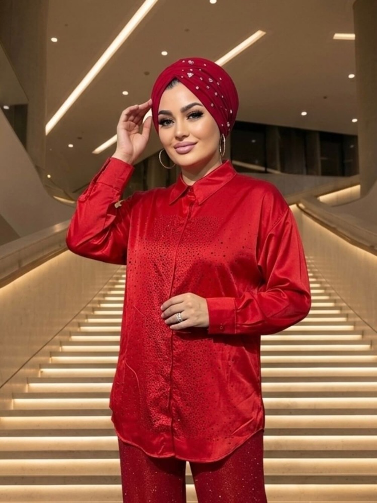 Kırmızı Saten Taşlı Gömlek