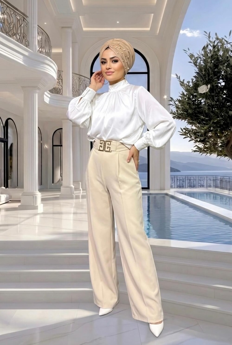 Bej Kemerli Pantolon