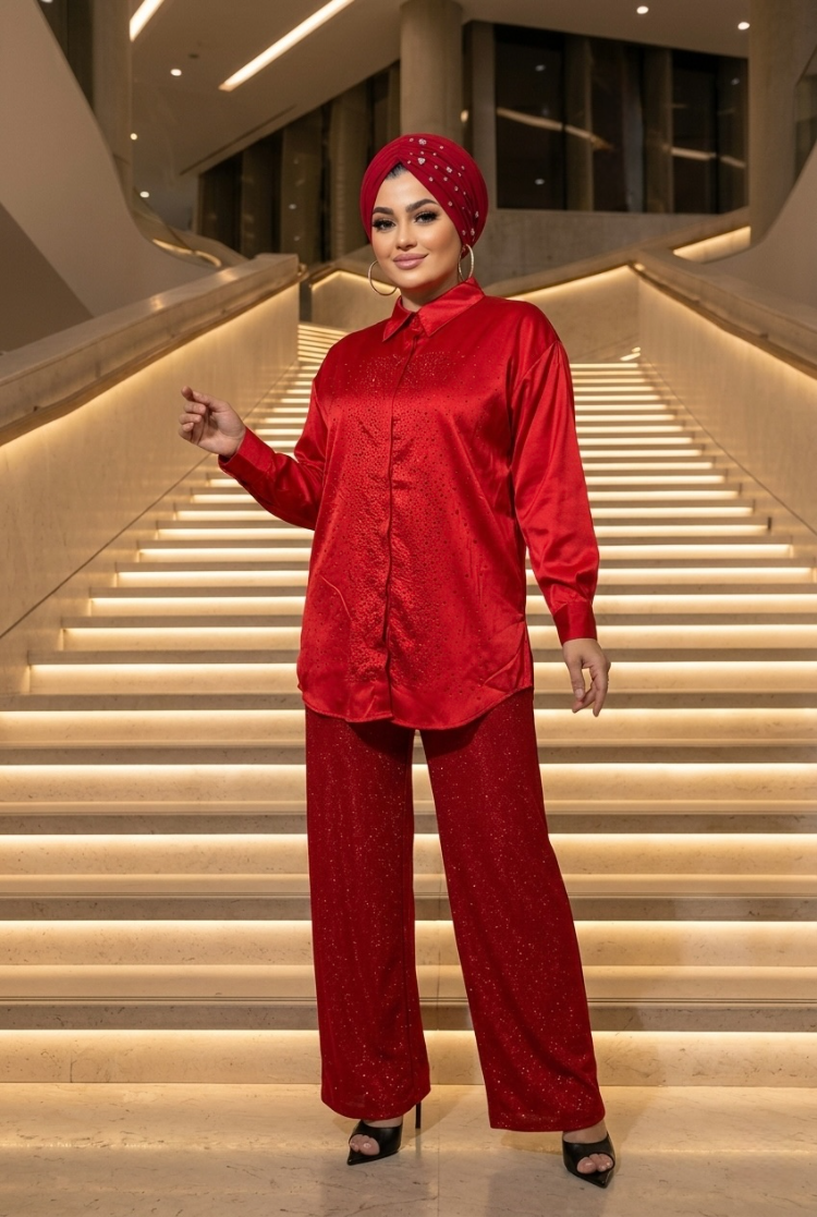 Kırmızı Saten Taşlı Gömlek