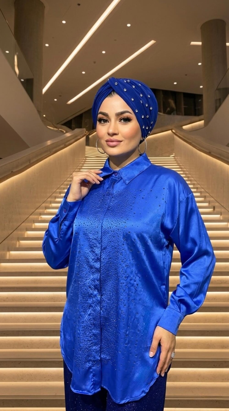 Mavi Saten Taşlı Gömlek
