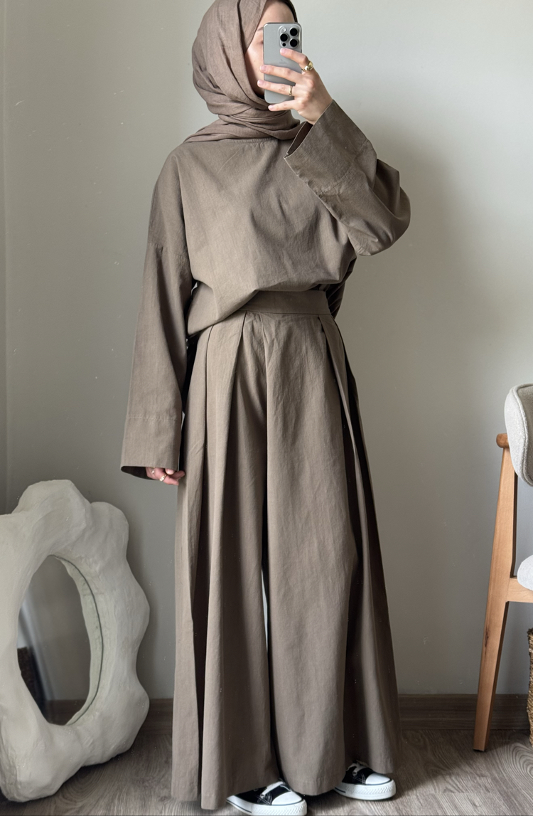 Keten Oversize Takım / kahve 