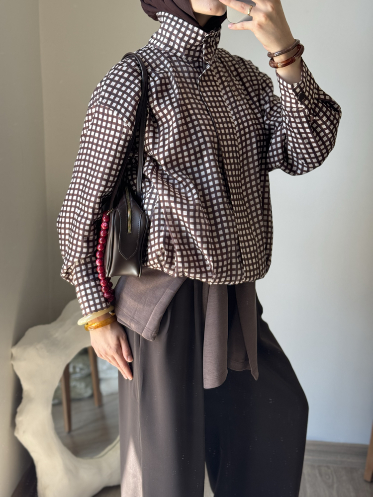 Kareli bomber ceket / kahve 