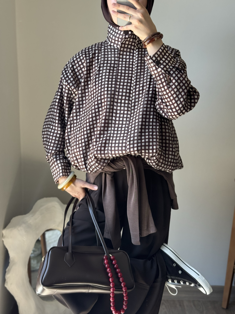 Kareli bomber ceket / kahve 