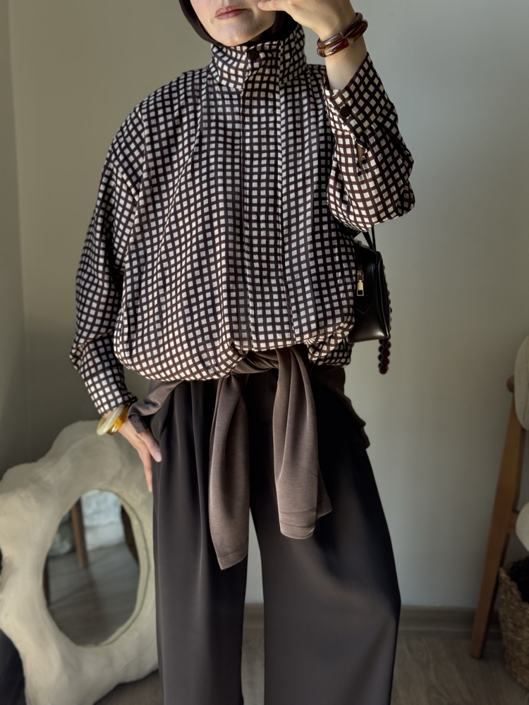 Kareli bomber ceket / kahve 