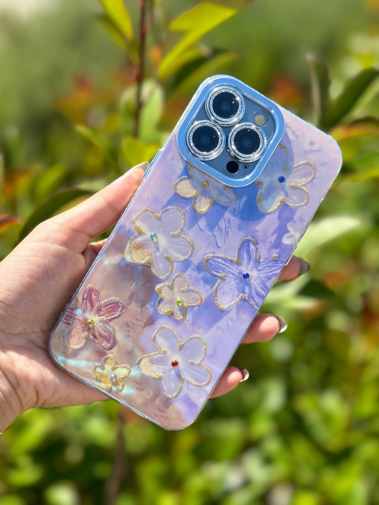 İPhone Hologramlı Çiçek Desenli Taşlı Kamera Korumalı Case