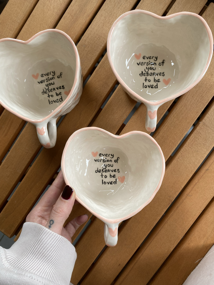 Heart Shaped Ceramic Handmade Mug w/selflove Motto