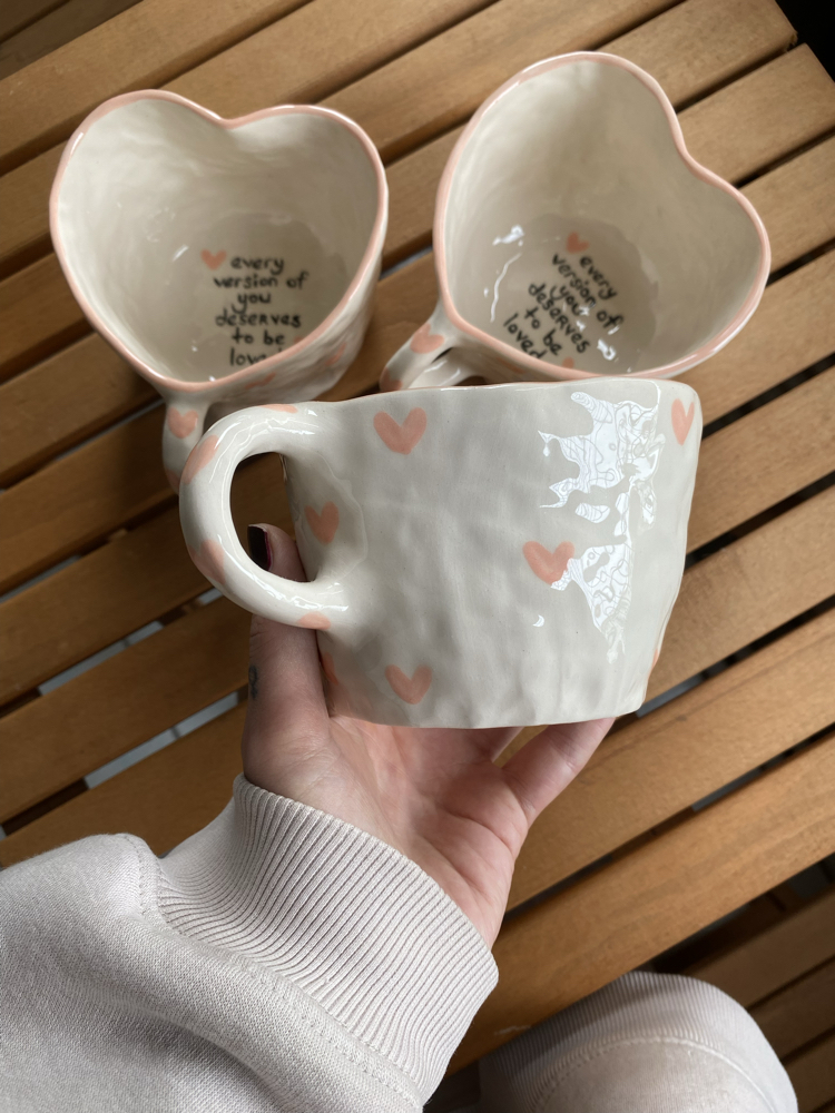 Heart Shaped Ceramic Handmade Mug w/selflove Motto
